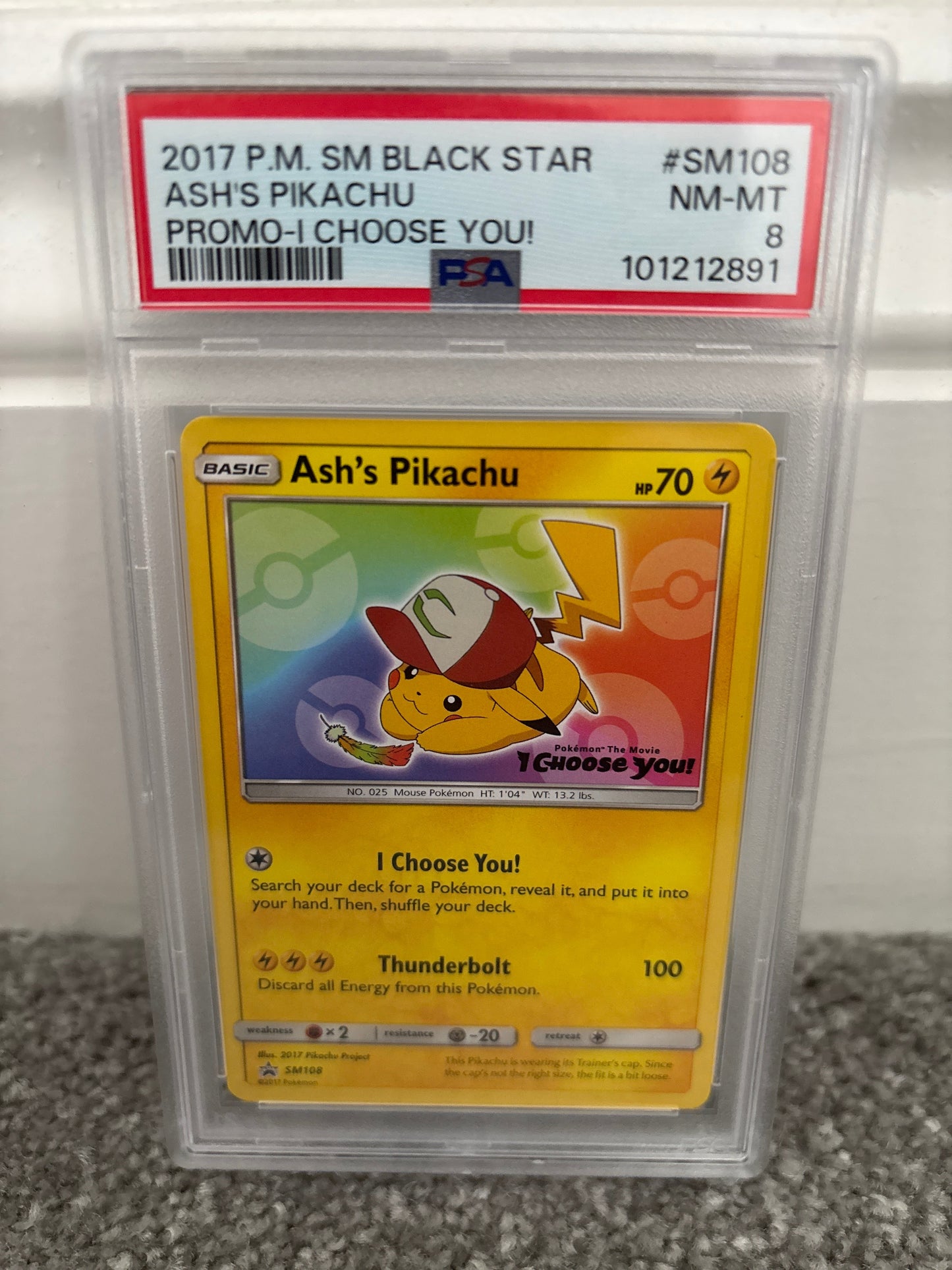 Ash's Pikachu (I Choose You) Black Star SM108 Pokemon Graded Pokemon Card (PSA 8)